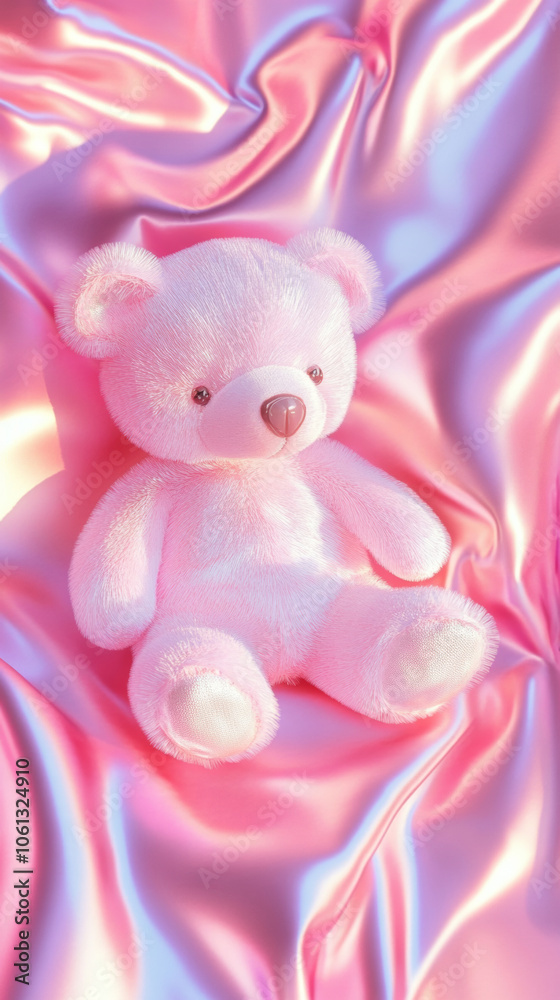 Fototapeta premium 3D cute teddy bear fluffy velvet on pink flow silk adorable pet animal plush toy fashion healing shiny gift wallpaper background with copy space