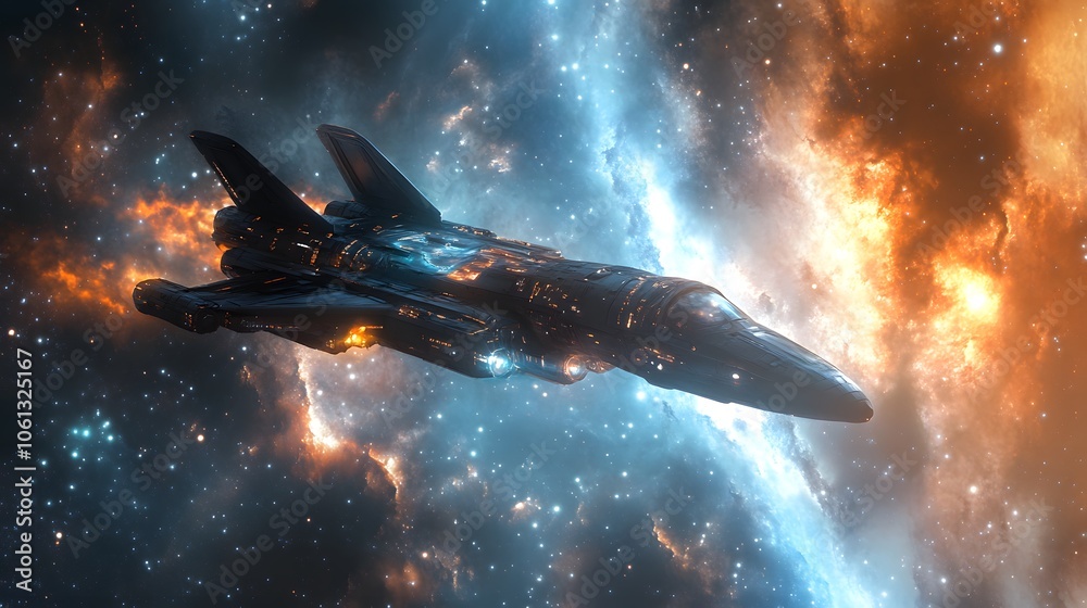 Futuristic spaceship soaring through a vibrant cosmic nebula. Futuristic spaceship soaring through a vibrant cosmic nebula.