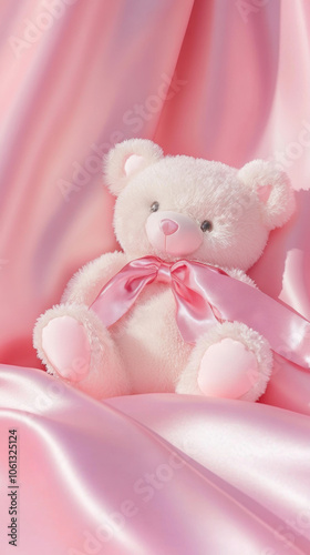 3D cute teddy bear fluffy velvet on pink flow silk adorable pet animal plush toy fashion healing shiny gift wallpaper background with copy space