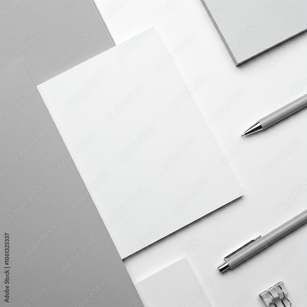 minimalist grey and white office workspace with blank paper and pens minimalist grey and white office workspace with blank paper and pens