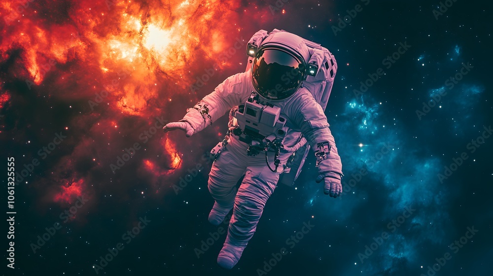 A lone astronaut floats through a vibrant cosmic nebula. A lone astronaut floats through a vibrant cosmic nebula.