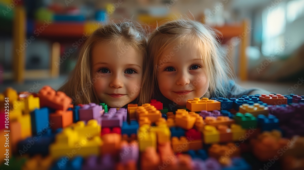 Twin girls enjoying playtime with colorful building blocks at home. Twin girls enjoying playtime with colorful building blocks at home.