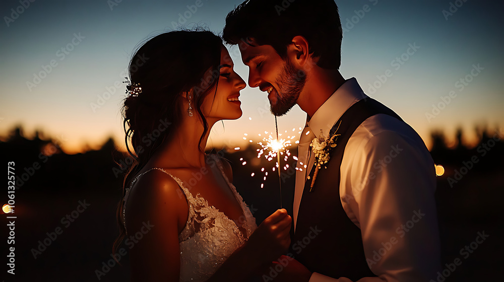 A bride and groom are holding a sparkler together