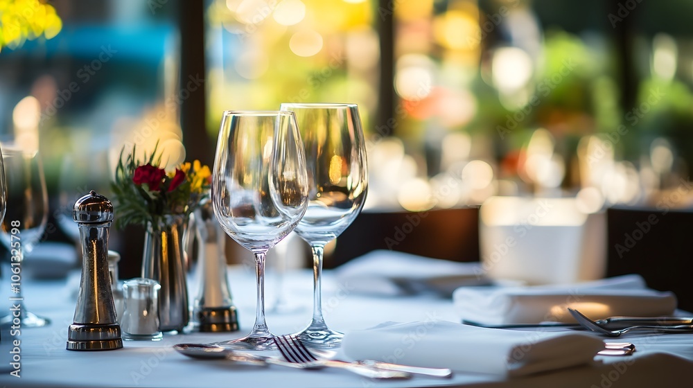 Fototapeta premium Elegantly set dining table with sparkling glasses and fresh flowers.