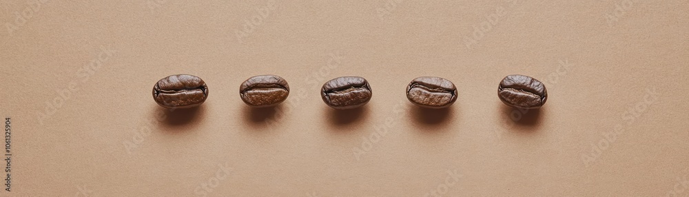 Five Roasted Coffee Beans in a Row on Beige Surface Five Roasted Coffee Beans in a Row on Beige Surface