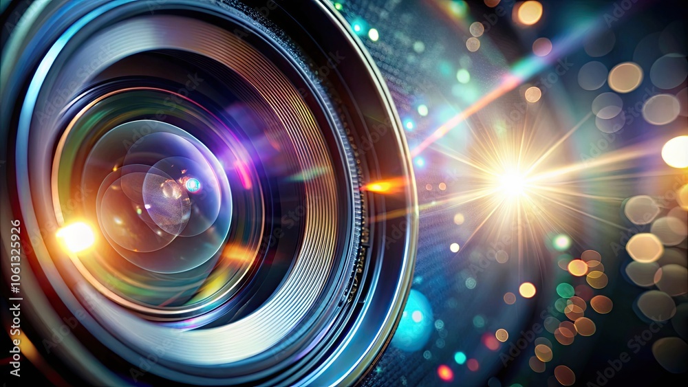 Shiny optical lens with lens flares and lights in close-up, shiny, optical lens, lens flares, lights, close-up