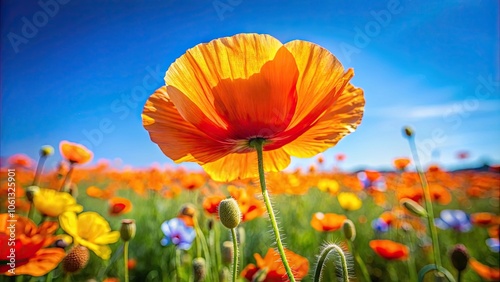 Close-up of a vibrant orange poppy in a wildflower field under a clear blue sky, poppy, orange, wildflower, field, blue sky