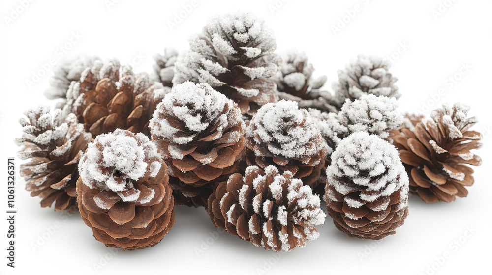A group of snow-covered pine cones, representing winter decor and natural elements, isolated on a clean white background. A group of snow-covered pine cones, representing winter decor and natural elements, isolated on a clean white background.