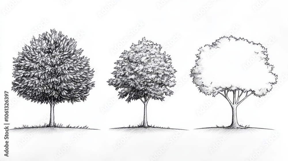 Fototapeta premium A guide on how to draw a simple tree, from basic trunk and leaves to final details, educational line drawing isolated on a clean white background.