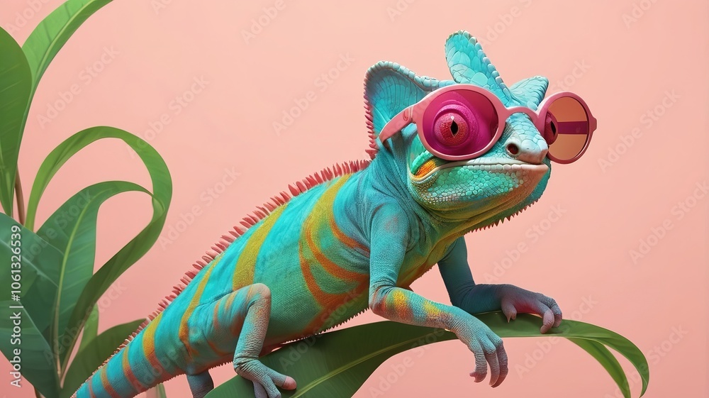 Fototapeta premium Cartoon chameleon with sunglasses, playful gestures, colorful and on a soft background.