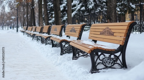 Snowy Benches in Park