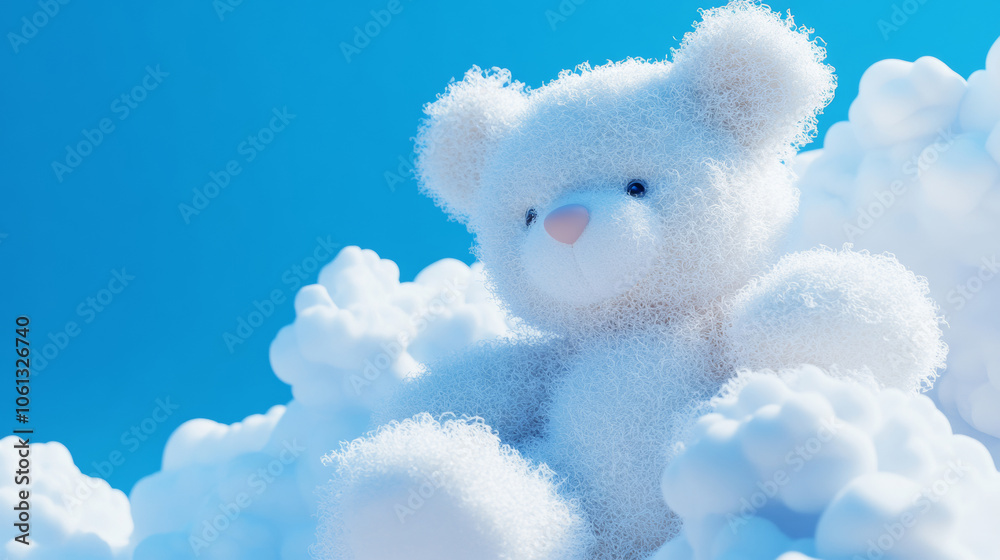 3D cute teddy bear fluffy white clouds shape blue sky cloudscape adorable pet animal fashion healing wallpaper background with copy space