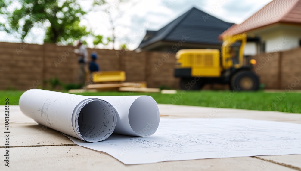 Construction plans are laid out on the ground, with a blurred tractor in the background and workers preparing for construction tasks. Construction plans are laid out on the ground, with a blurred tractor in the background and workers preparing for construction tasks.
