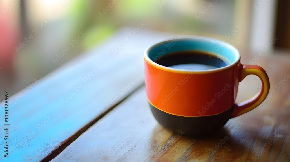 Colorful cup of black coffee on a wooden table, radiating warmth and comfort. Colorful cup of black coffee on a wooden table, radiating warmth and comfort.