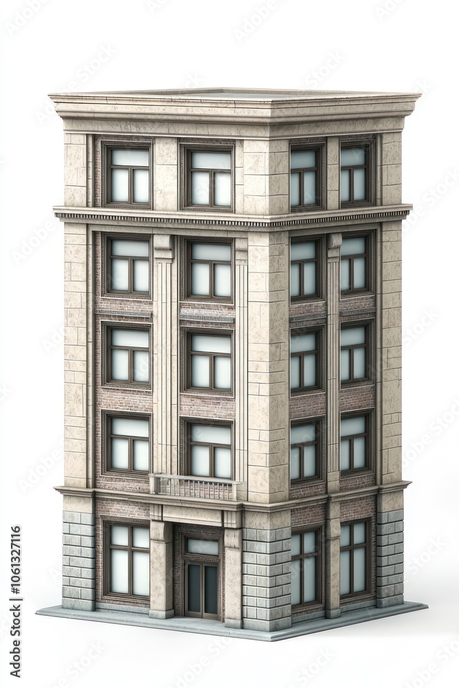 Fototapeta premium Office building in 3D, showing detailed features like windows and doors.