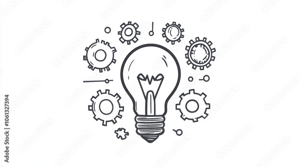 A light bulb surrounded by gears, representing innovation and learning, simple line art, black and white, isolated on a clean white background. A light bulb surrounded by gears, representing innovation and learning, simple line art, black and white, isolated on a clean white background.
