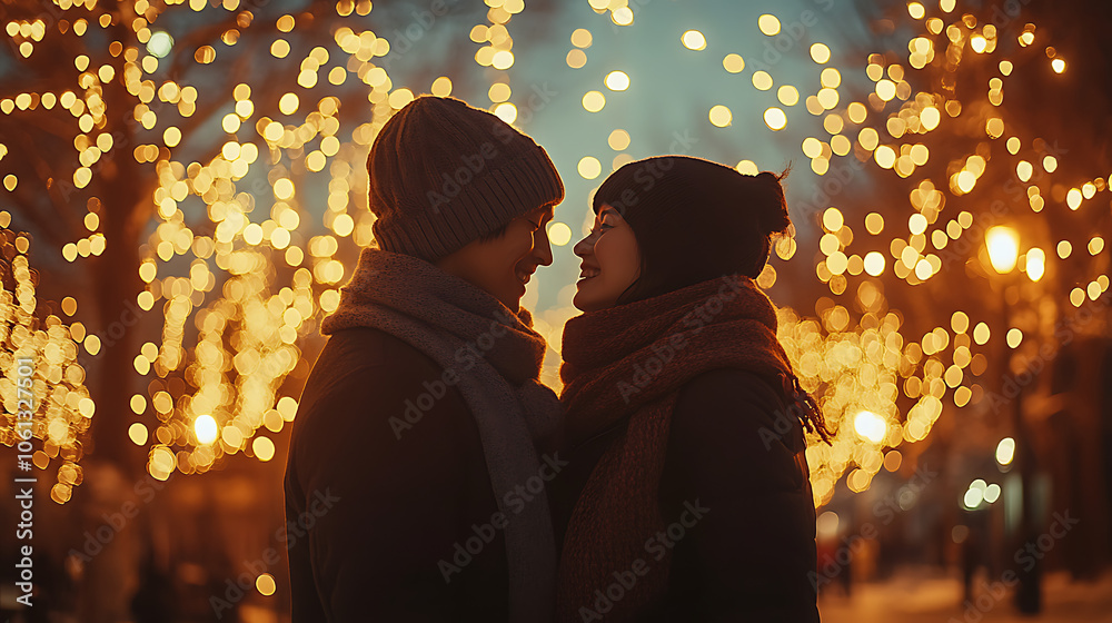 A couple is standing in front of a tree with lights on it A couple is standing in front of a tree with lights on it