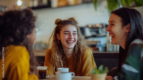 Three young women, diverse ethnicities, share laughter in a cozy caf�� setting.