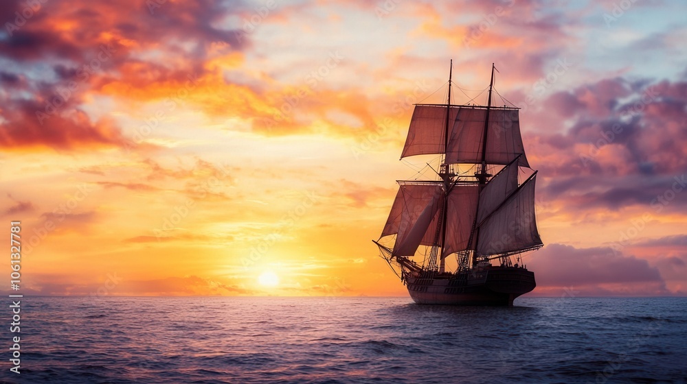 Fototapeta premium A majestic ship sailing across the ocean at sunset, reflecting vibrant colors on the water.