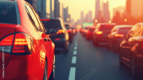 Wallpaper Mural Busy city traffic at sunset with cars lined up, creating a vibrant urban scene and capturing the essence of city life. Torontodigital.ca