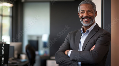 Businessman in suit crossed arms in office confident smile professional finance investment insurance work background with copy space