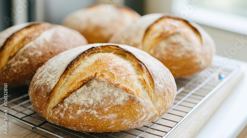 Freshly baked bread loaves cooling on a wire rack, showcasing golden crust and rustic charm, perfect for culinary and food themes.