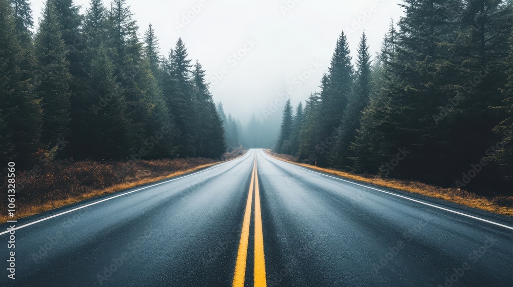Serene empty road stretching through a misty forest, surrounded by tall trees and an atmosphere of tranquility. Serene empty road stretching through a misty forest, surrounded by tall trees and an atmosphere of tranquility.