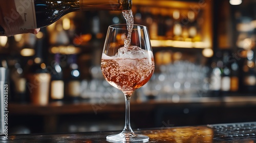 Pouring sparkling ros�� wine into a glass at a stylish bar.