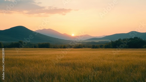 Serene landscape featuring rolling mountains and a golden field at sunset, perfect for nature and travel themes.