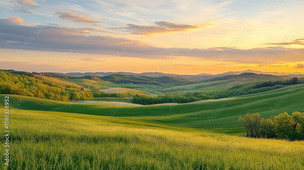Fototapeta premium A serene landscape at sunset, showcasing rolling hills and lush greenery.