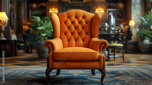 Orange Upholstered Armchair in a Luxurious Living Room - 3D Illustration