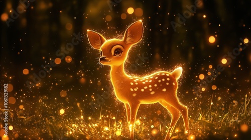 Illustration of cute little golden deer with golden fur in a dark dense forest