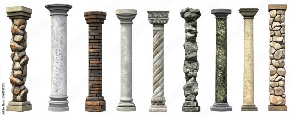 A collection of decorative columns showcasing various designs and textures. A collection of decorative columns showcasing various designs and textures.