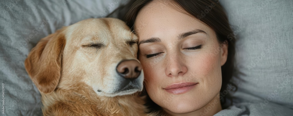 A woman cuddling her dog in bed, both smiling, capturing comfort and the deep emotional connection shared in quiet moments