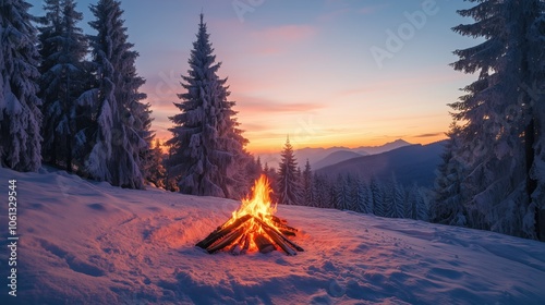 A beautiful winter sunset over a snowy forest, with a warm fire flickering amidst the cold trees and mountains in the background