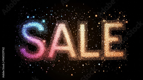 3D sale text realistic neon lights texture iridescent future style festive shimmering pink purple silver background with copy space. for sale and shopping advertising