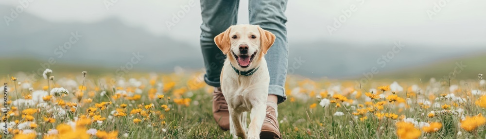 Dog and person running through a field of flowers together, evoking joy, connection, and a sense of freedom Dog and person running through a field of flowers together, evoking joy, connection, and a sense of freedom