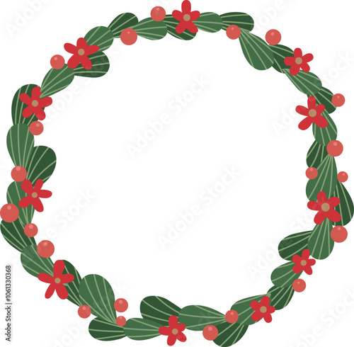 Tropical leaves, flowers and berry Christmas wreath frame illustration for decoration on Christmas holiday and new year festival.