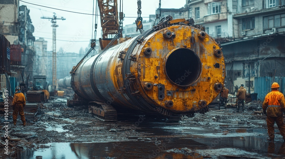 A large yellow metal pipe is being lifted by a crane in a construction site with workers in orange jumpsuits standing around. A large yellow metal pipe is being lifted by a crane in a construction site with workers in orange jumpsuits standing around.
