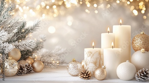 Winter Wonderland Candles:  A serene, snowy scene with three lit candles,  golden ornaments, and pine branches.  Perfect for creating a festive holiday atmosphere. 
