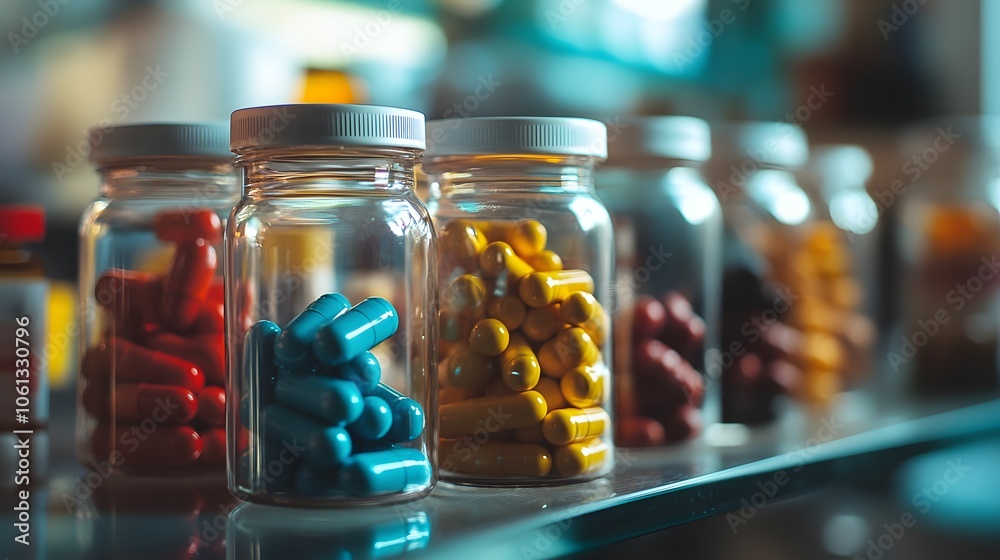 Colorful capsules in glass jars on a shelf, creating a vibrant display of health. Colorful capsules in glass jars on a shelf, creating a vibrant display of health.