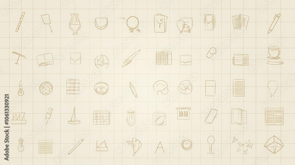 Hand drawn doodles of everyday objects on a gridded background. Hand drawn doodles of everyday objects on a gridded background.