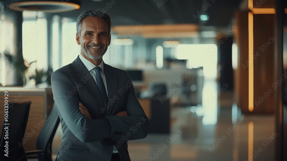 Businessman in suit crossed arms in office confident smile professional finance investment insurance work background with copy space Businessman in suit crossed arms in office confident smile professional finance investment insurance work background with copy space