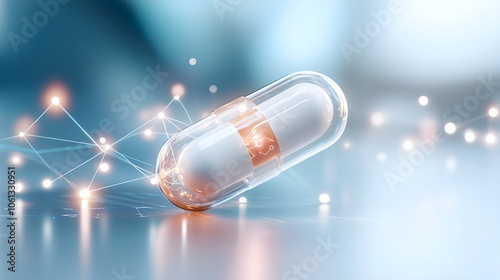 A digital representation of a pill on a network background symbolizes ai-driven precision medicine