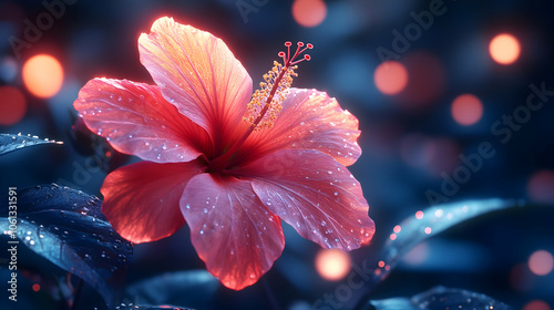 Pink Hibiscus Flower with Dew Drops and Bokeh Background - Illustration