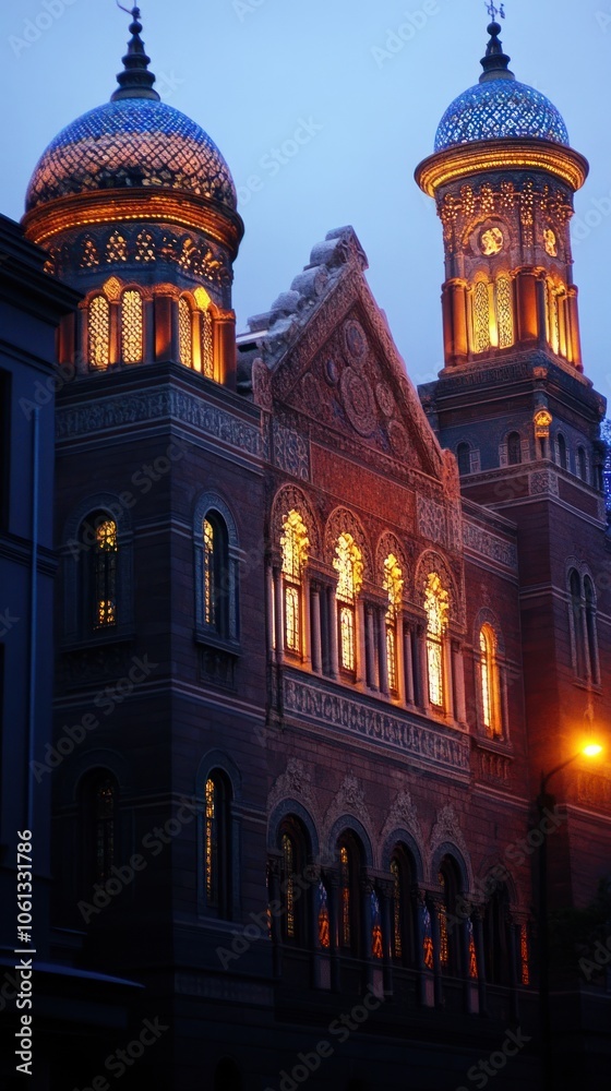 Fototapeta premium A beautifully illuminated historic building with ornate architecture at dusk.