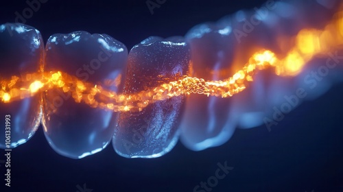 Close-up of dental implants showcasing intricate details and a glowing effect.