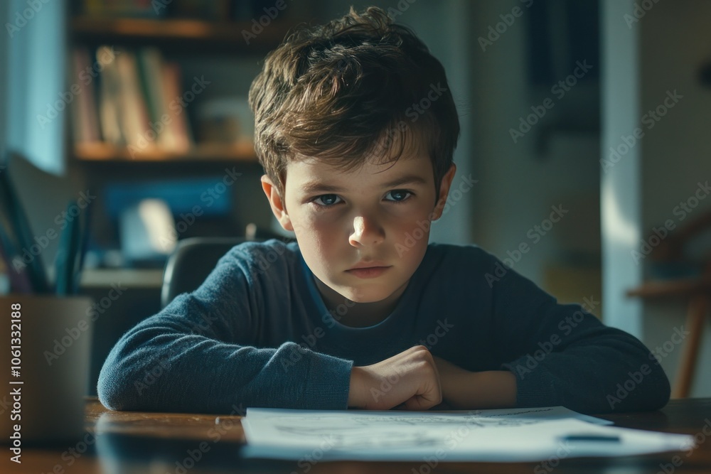 Focused Boy at Desk with Papers Focused Boy at Desk with Papers