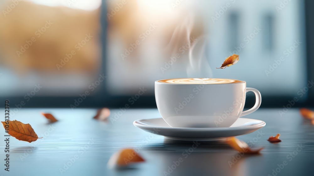 Steaming cappuccino in a ceramic cup, autumn leaves around, 3D render Steaming cappuccino in a ceramic cup, autumn leaves around, 3D render
