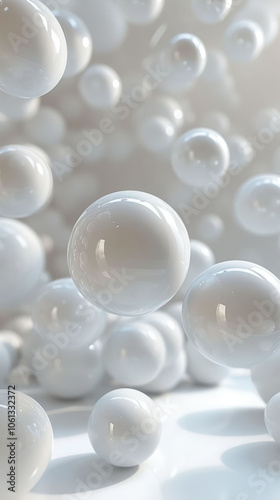 Floating white spheres create serene and abstract atmosphere, emphasizing lightness and depth in minimalist design. arrangement evokes sense of tranquility and elegance